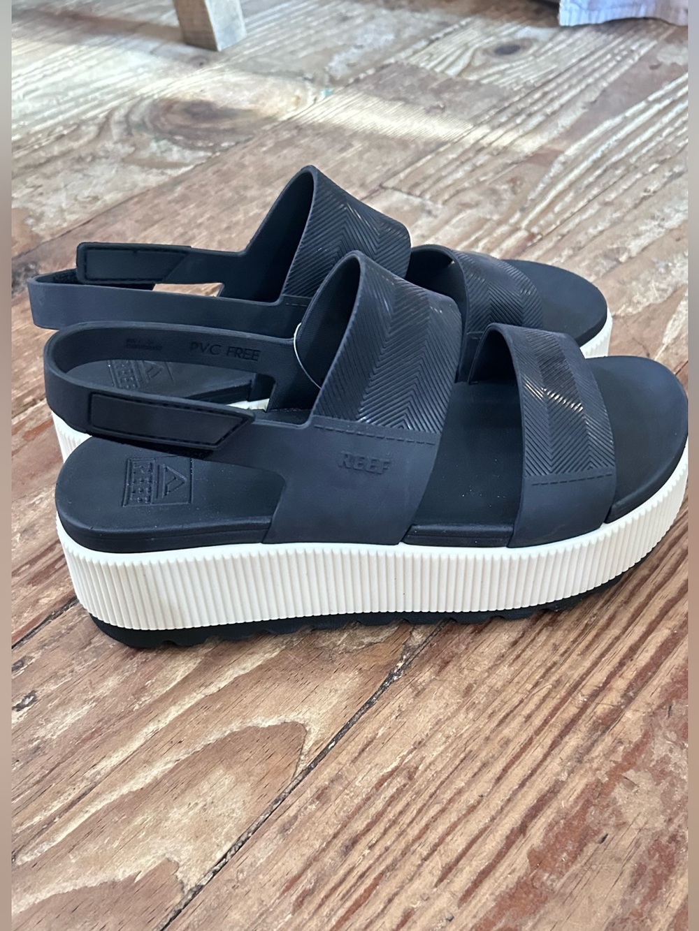 Reef Women's Black Sandal Platform with Cream Ribbed Sole